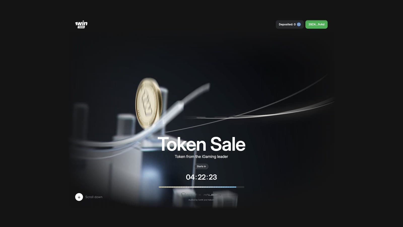 1win Token sale landing page with a gold coin, the headline "Token Sale", the tagline "Token from the iGaming leader" and a countdown timer