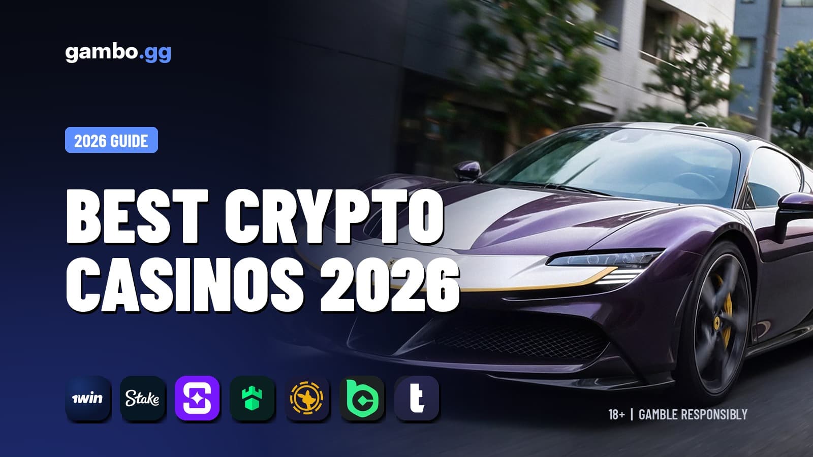 gambo.gg banner reading Best Crypto Casinos 2026 with 1win, Stake, Shuffle, Gamdom, Roobet, BC.Game and Thrill logos
