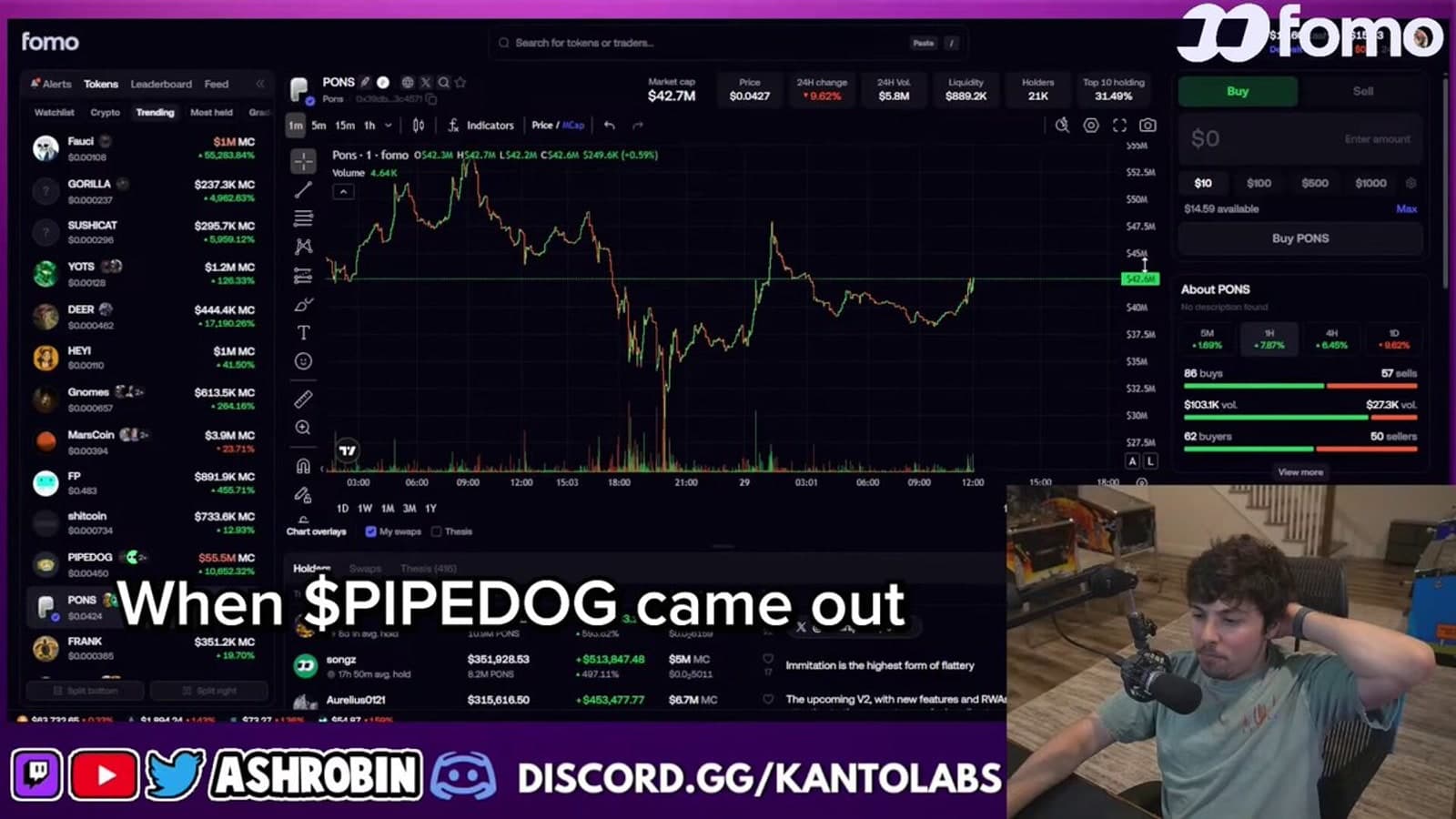 Ash Robin on stream in front of a fomo trading chart showing PONS at a $42.7M market cap