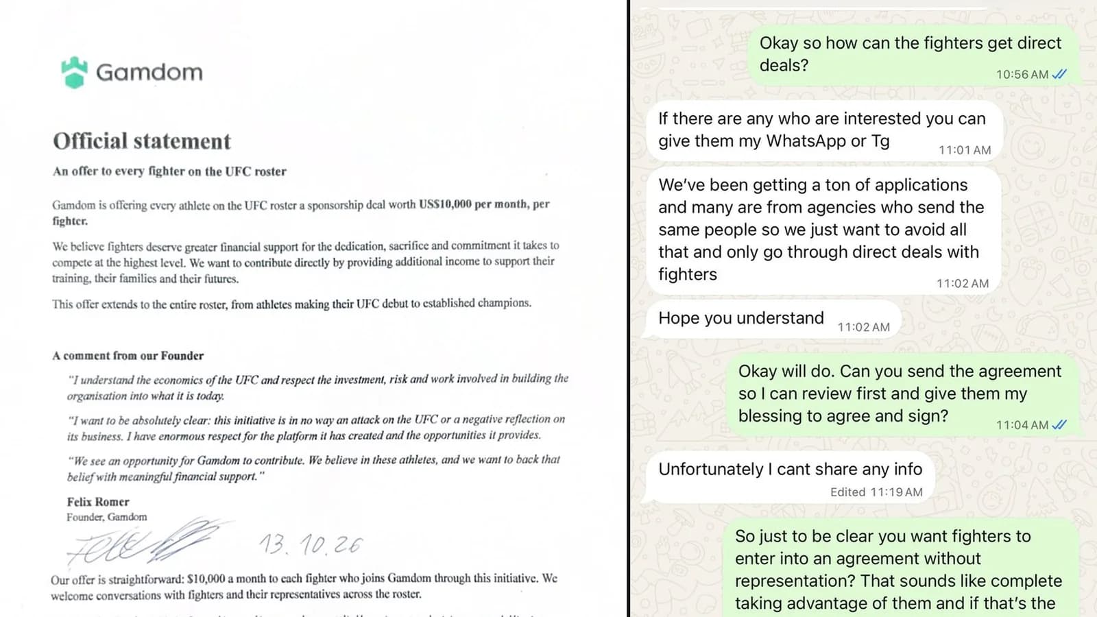 Gamdom's signed 'Official statement' offering every UFC fighter $10,000 a month, next to Daniel Rubenstein's WhatsApp exchange with a Gamdom contact