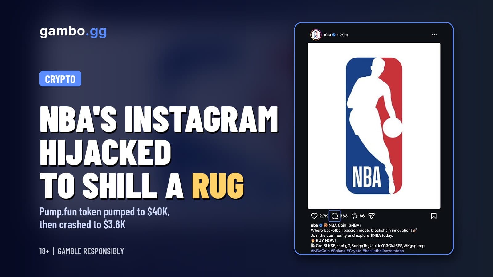 Screenshot of an Instagram post from the verified nba account showing the NBA logo and a caption promoting "NBA Coin ($NBA)" with a Solana contract address ending in pump