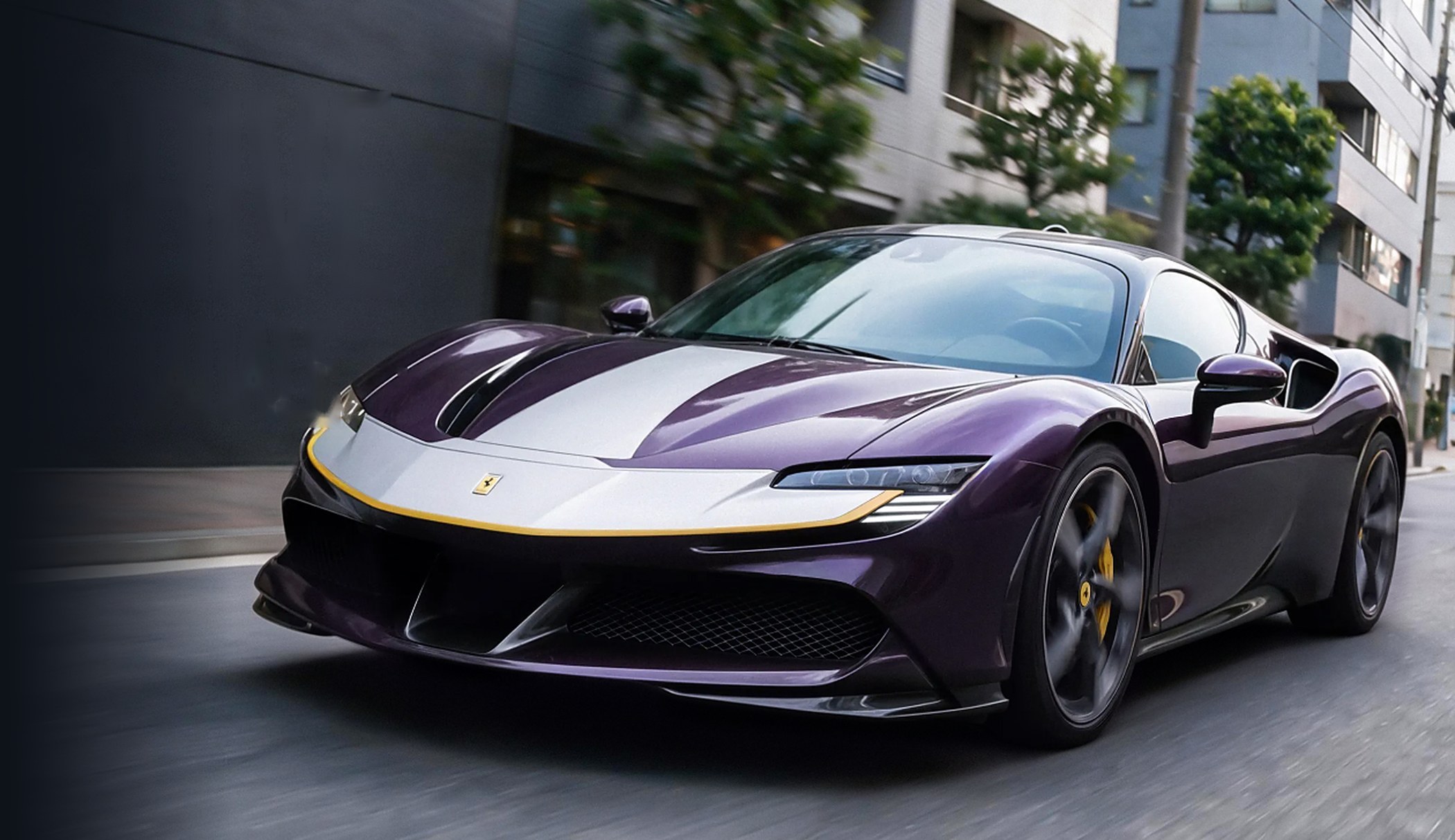 Purple Ferrari SF90 Stradale from 1win's Lucky Drive giveaway