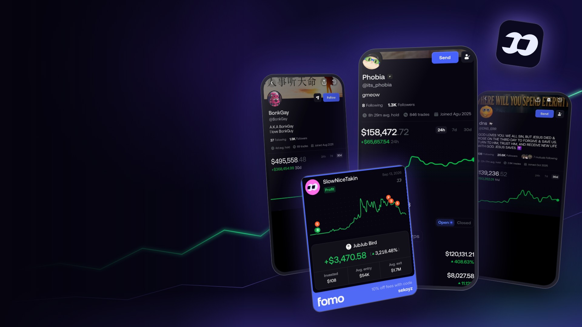 Real FOMO app P&L screenshots on floating phones
